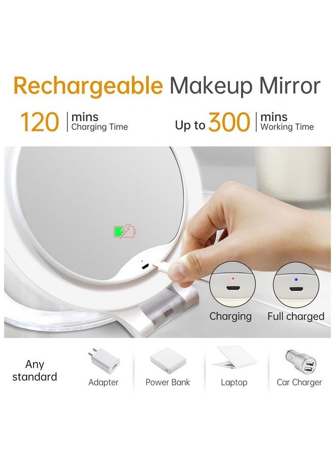 Lighted Makeup Mirror With Magnification, Travel 10X Magnifying Mirror Portable Vanity Mirror With 3 Color Lights Rechargeable Folding Tabletop Led Desk Mirror - White (With Tweezers)