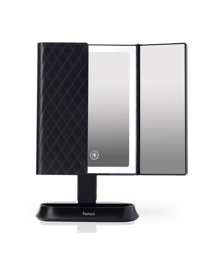 Makeup Mirror With Natural Led Lights, Lighted Trifold Vanity Mirror With 5X & 7X Magnifications - 40 Dimmable Lights, Touch Screen, Cosmetic Stand - Sora (Black)