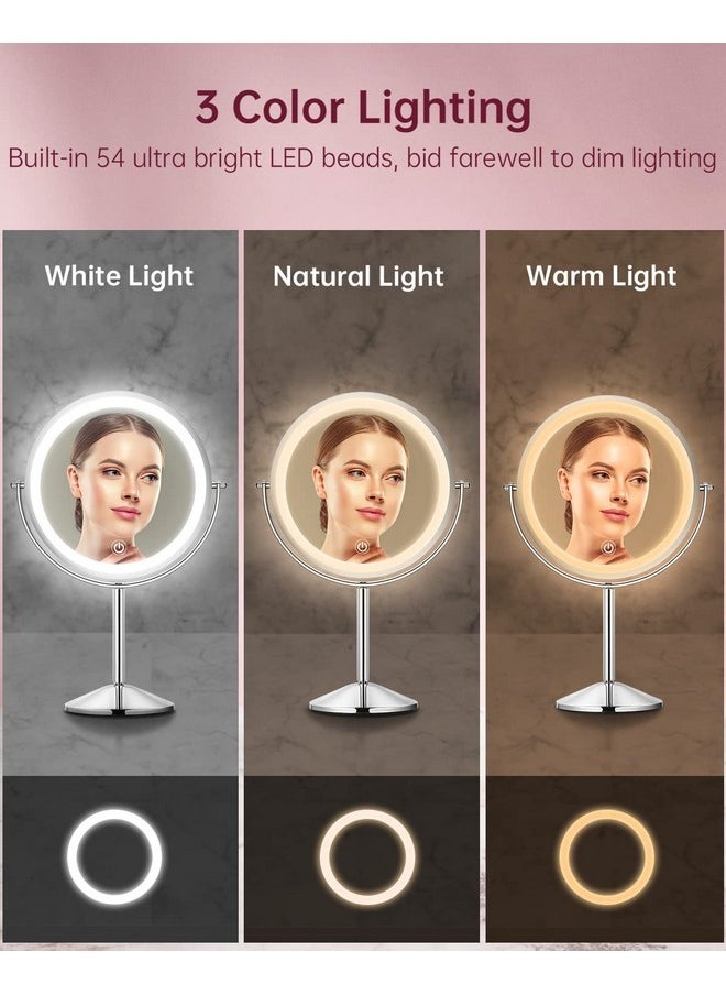 8 Inch Lighted Makeup Mirror 1X/10X Magnifying Led Makeup Mirror 3 Color Dimmable Lighting Modes Rechargeable Cordless Cosmetic Mirror With Touch Control Vanity Mirror 360° Rotation (Chrome)