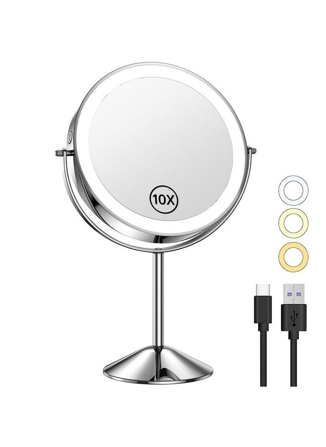 8 Inch Lighted Makeup Mirror 1X/10X Magnifying Led Makeup Mirror 3 Color Dimmable Lighting Modes Rechargeable Cordless Cosmetic Mirror With Touch Control Vanity Mirror 360° Rotation (Chrome)