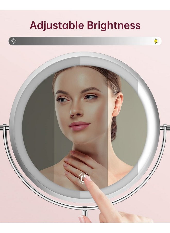 8 Inch Lighted Makeup Mirror 1X/10X Magnifying Led Makeup Mirror 3 Color Dimmable Lighting Modes Rechargeable Cordless Cosmetic Mirror With Touch Control Vanity Mirror 360° Rotation (Chrome)