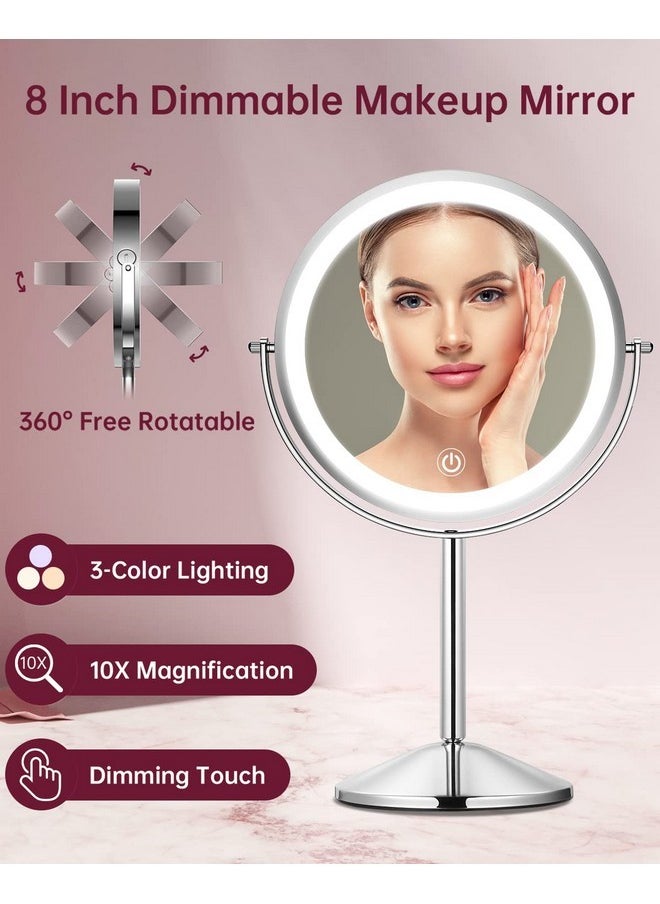8 Inch Lighted Makeup Mirror 1X/10X Magnifying Led Makeup Mirror 3 Color Dimmable Lighting Modes Rechargeable Cordless Cosmetic Mirror With Touch Control Vanity Mirror 360° Rotation (Chrome)