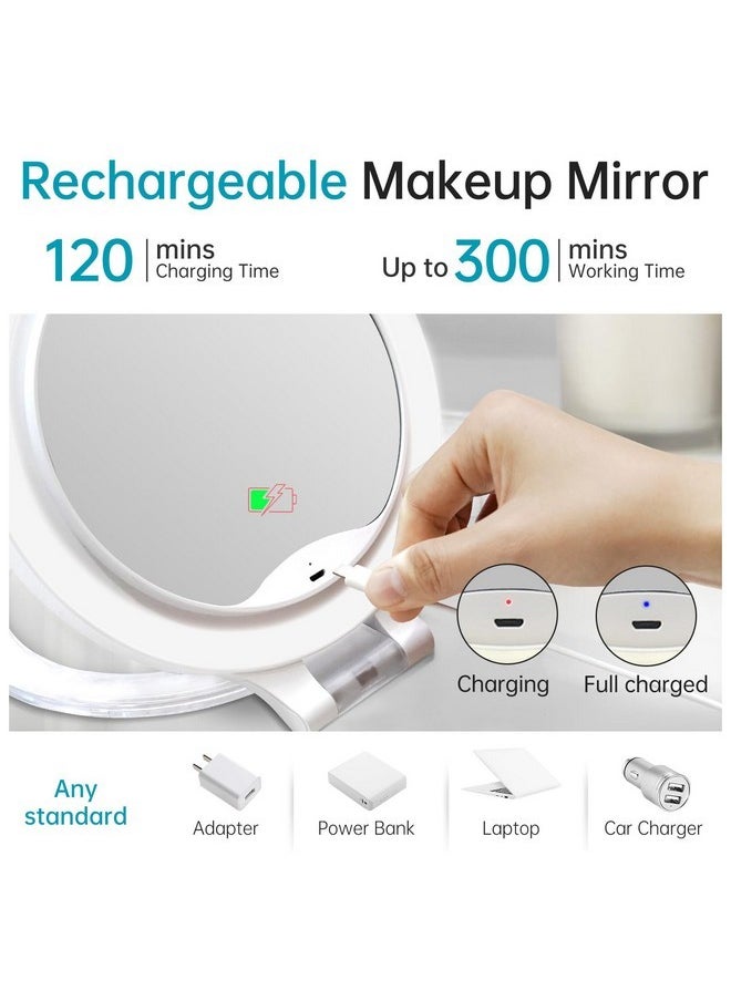 Rechargeable Lighted Magnifying Mirror 10X/1X, Double Sided Travel Makeup Mirror With 3 Color Lights And Magnification, Portable Foldable Cosmetic Mirror, Dimmable Adjustable Rotation (With Cyan Bag)