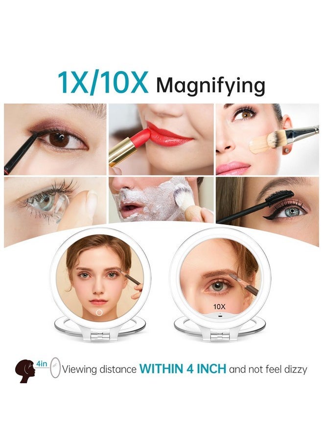 Rechargeable Lighted Magnifying Mirror 10X/1X, Double Sided Travel Makeup Mirror With 3 Color Lights And Magnification, Portable Foldable Cosmetic Mirror, Dimmable Adjustable Rotation (With Cyan Bag)