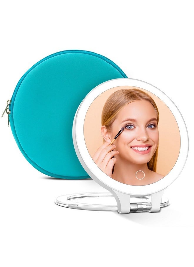 Rechargeable Lighted Magnifying Mirror 10X/1X, Double Sided Travel Makeup Mirror With 3 Color Lights And Magnification, Portable Foldable Cosmetic Mirror, Dimmable Adjustable Rotation (With Cyan Bag)