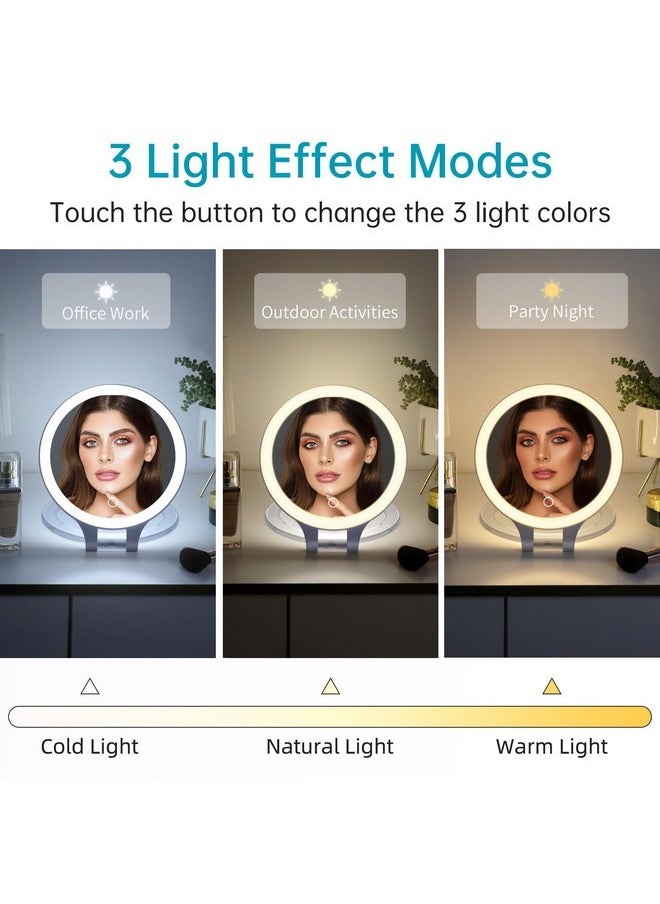 Rechargeable Lighted Magnifying Mirror 10X/1X, Double Sided Travel Makeup Mirror With 3 Color Lights And Magnification, Portable Foldable Cosmetic Mirror, Dimmable Adjustable Rotation (With Cyan Bag)