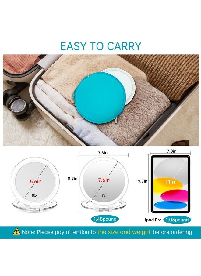 Rechargeable Lighted Magnifying Mirror 10X/1X, Double Sided Travel Makeup Mirror With 3 Color Lights And Magnification, Portable Foldable Cosmetic Mirror, Dimmable Adjustable Rotation (With Cyan Bag)