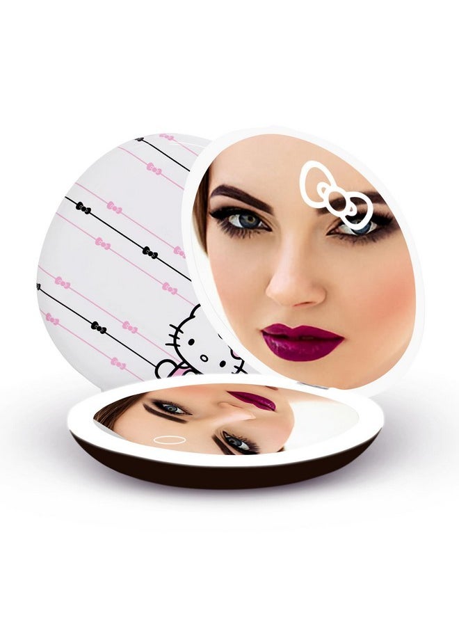 Impressions Vanity Hello Kitty The Stripe Compact Mirror With Light, Double Sided Travel Makeup Mirror With Magnification, Daylight Led Lighting And Adjustable Brightness (White)