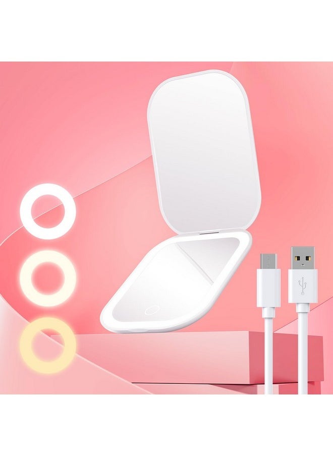 Ultra-Slim Lighted Travel Makeup Mirror With Lights And Magnification, Rechargeable 3X Magnifying Mirror With 3 Light Colors & Adjustable Brightness, Led Compact Mirror For Purses - White