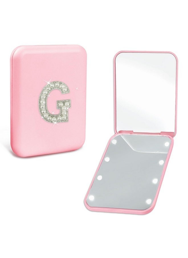 Travel Mirror With Lights Pink 1X/2X Magnification Led Compact Mirror, Portable Pocket Mirror Small Folding Handheld Makeup Mirror Birthday For Women Teen Girls (G)