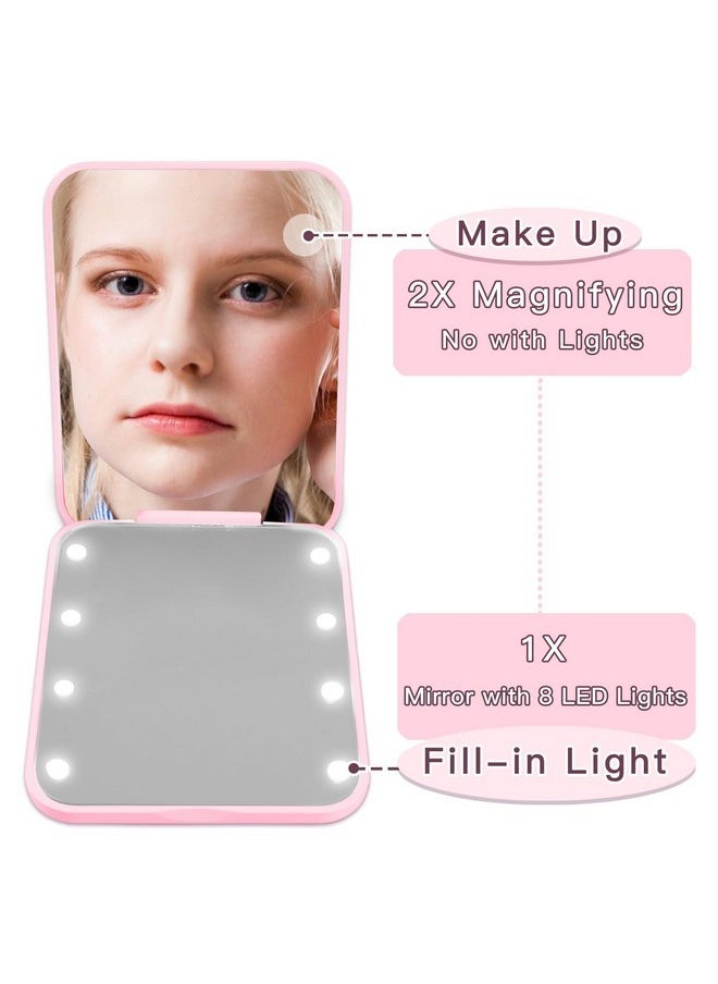 Travel Mirror With Lights Pink 1X/2X Magnification Led Compact Mirror, Portable Pocket Mirror Small Folding Handheld Makeup Mirror Birthday For Women Teen Girls (G)