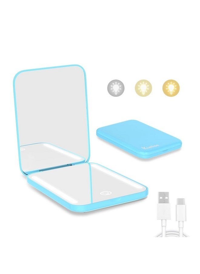 Rechargeable Pocket Mirror, Double Sided 1X/3X Magnification Compact Vanity Mirror, 3 Color Lights, Dimmable, Small Portable Wallet Mirror, Lighted Travel Mirror For Women Gifts, Blue