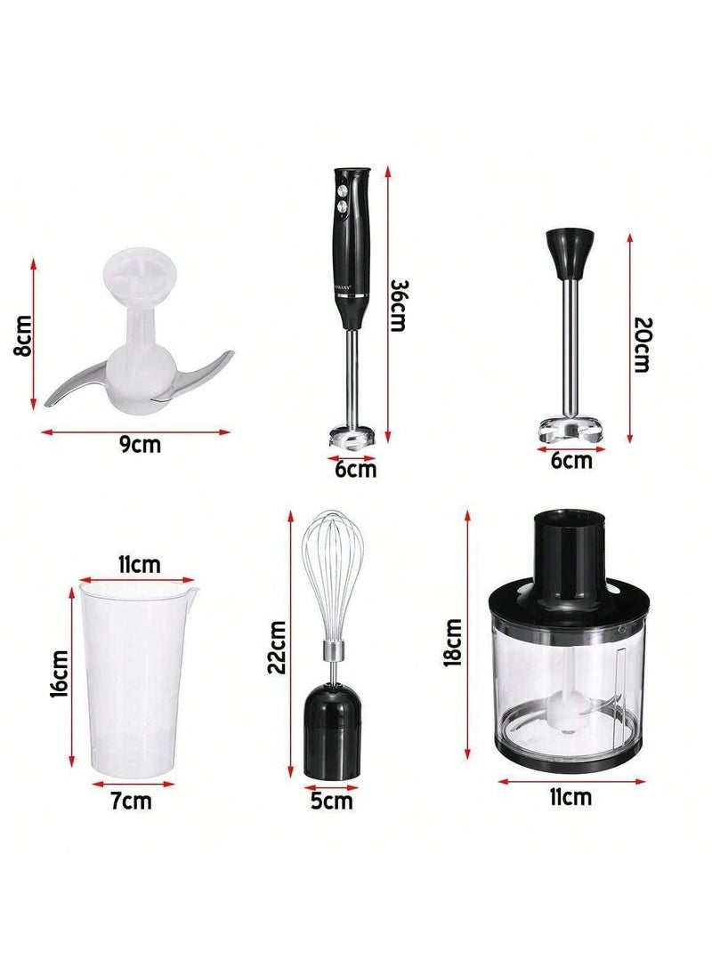 4-in-1 Portable Mixer Set Includes multifunctional stand mixer, whisk, chopper and measuring cup for food processing and baby food mixing.