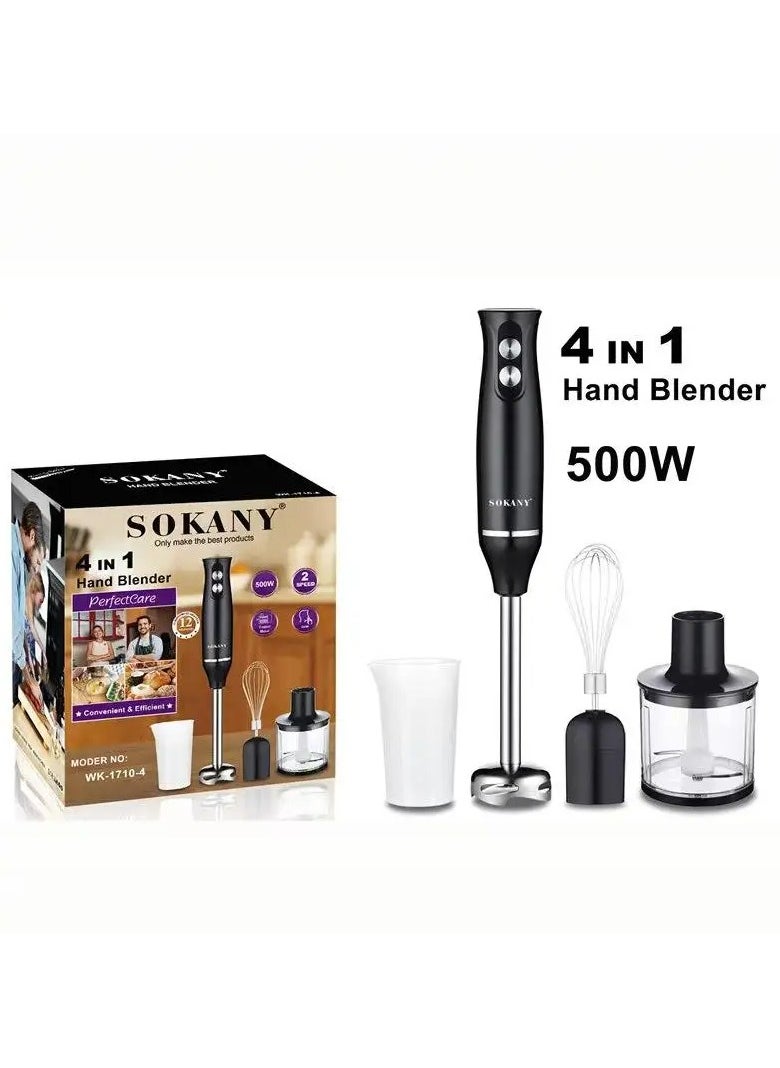 4-in-1 Hand Blender, Electric immersion blender with whisk, chopper bowl and cup for baby food, smoothies, shakes, shakes, sauces