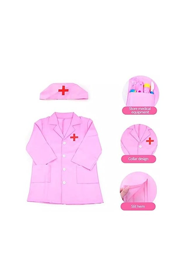 Medical Pretend Play Kit for Boys & Girls – 2 Long-Sleeve Doctor's Coats, Wood Toy Set for Kids with Medical Tools & Role Play Accessories