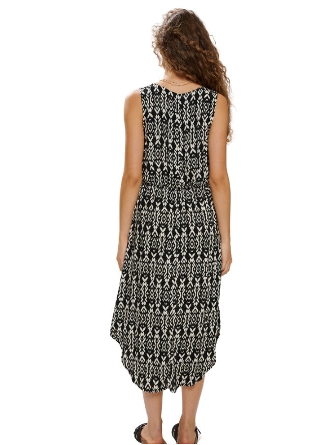 Sleeveless Asymmetrical Hem Midi Dress with Geometric Print - Multicolor