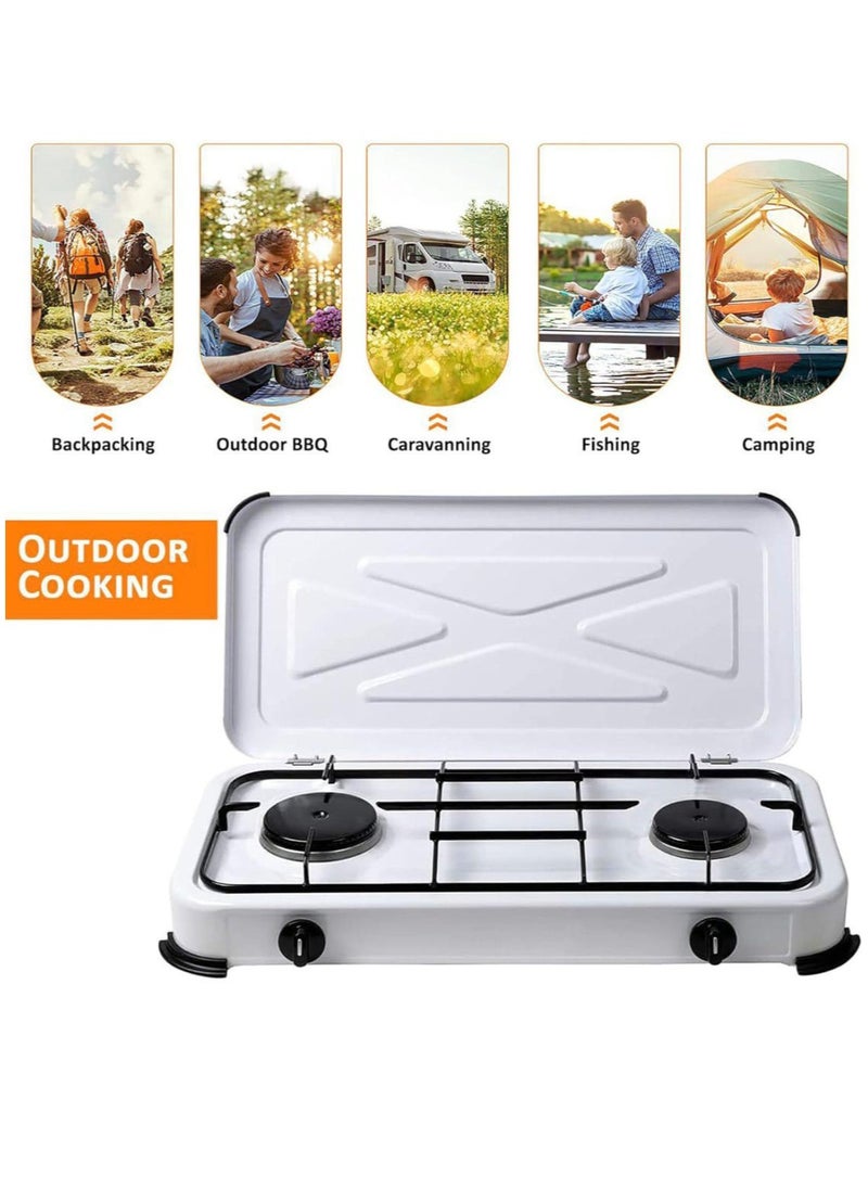 2 Burner Stainless Steel Kitchen Cooktop with Cover – Mini Camping Gas Cooker, Compact and Portable Stove for Home Kitchens, Outdoor Camping, and Travel Cooking – Durable, Easy to Clean, and Efficient