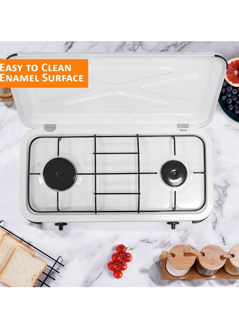 2 Burner Stainless Steel Kitchen Cooktop with Cover – Mini Camping Gas Cooker, Compact and Portable Stove for Home Kitchens, Outdoor Camping, and Travel Cooking – Durable, Easy to Clean, and Efficient