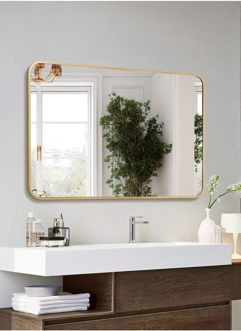 Gold Bathroom Mirror Rectangular Wall Mounted Mirror with Aluminum Alloy Framed Vanity Mirror for Living Room Bedroom Bathroom Entryway Hallway Vanity 60*90CM