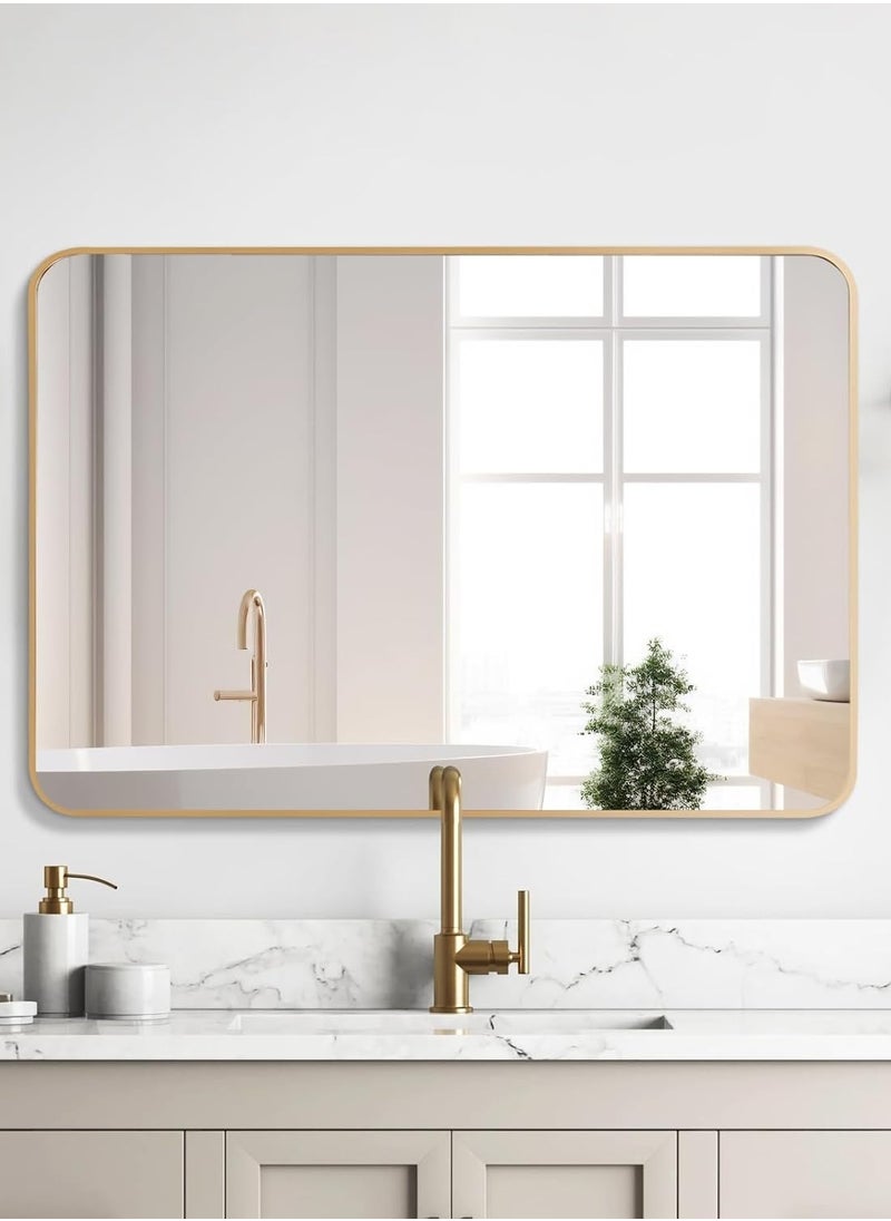 Gold Bathroom Mirror Rectangular Wall Mounted Mirror with Aluminum Alloy Framed Vanity Mirror for Living Room Bedroom Bathroom Entryway Hallway Vanity 60*90CM