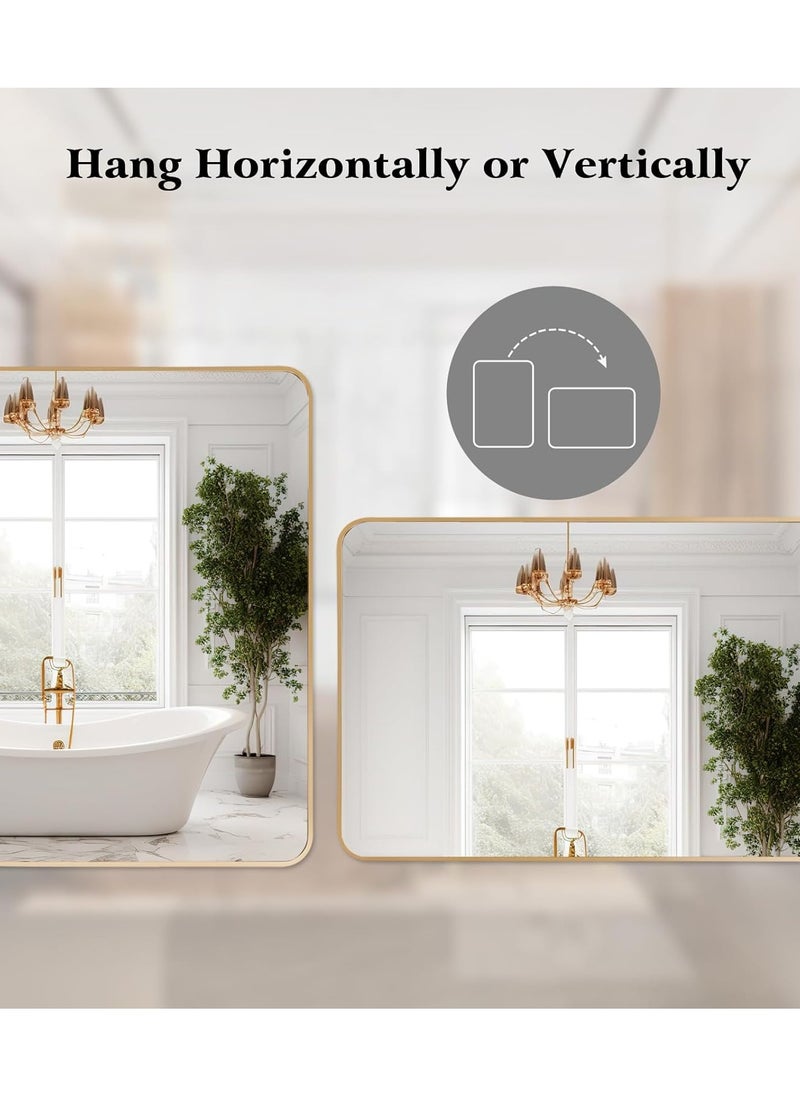 Gold Bathroom Mirror Rectangular Wall Mounted Mirror with Aluminum Alloy Framed Vanity Mirror for Living Room Bedroom Bathroom Entryway Hallway Vanity 60*90CM