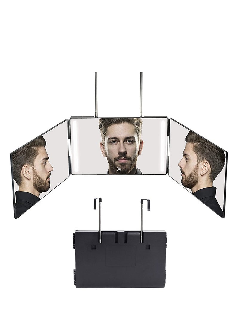 Three Fold Makeup Mirror with LED Light 360 ° Vanity Mirror Suitable for Hairdressing Shaving Beauty and Makeup. Scalable Suspension for Easy Portability（Black）