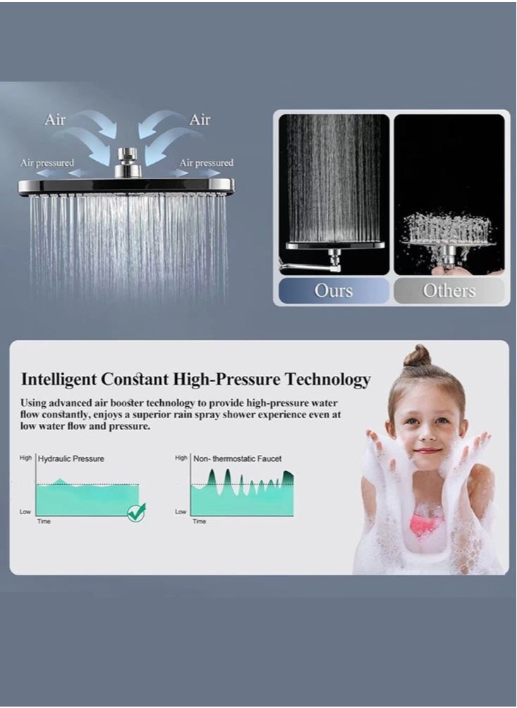 1-Set Exposed Shower System Triple Function Bathroom Shower Head 20cm Square Rainfall Shower Head with Handheld Complete Shower Set Silver