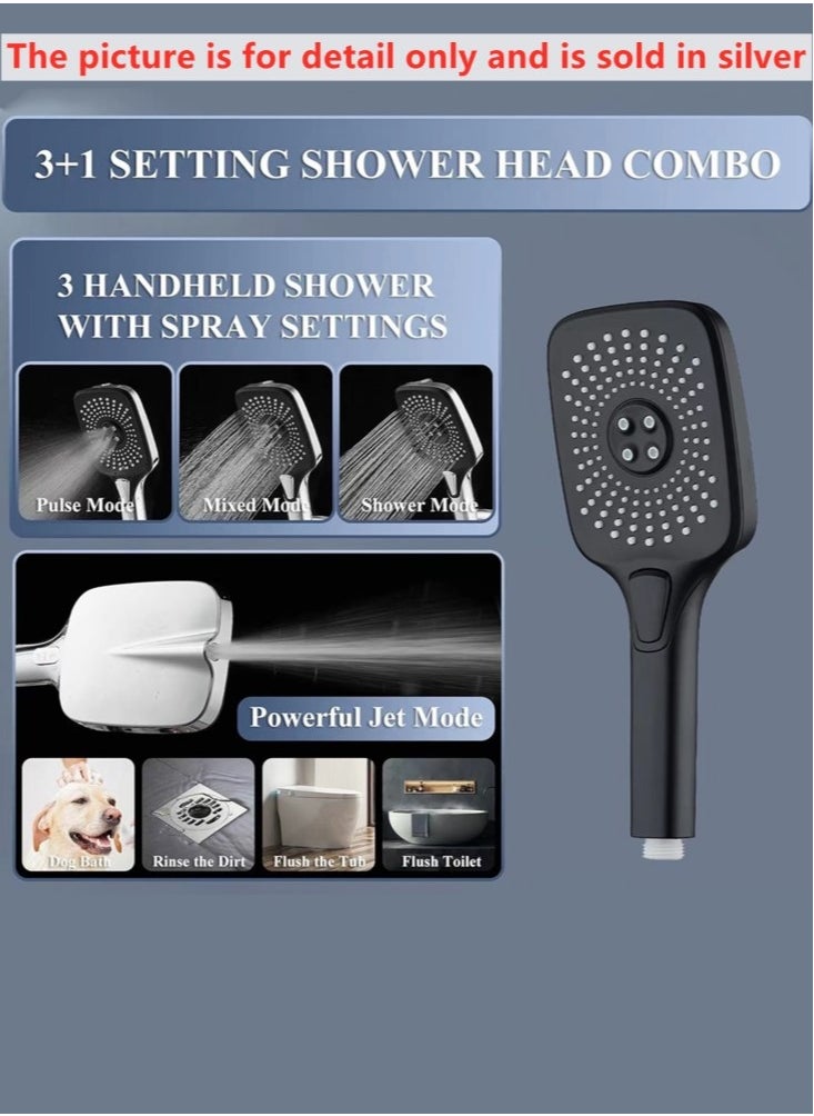 1-Set Exposed Shower System Triple Function Bathroom Shower Head 20cm Square Rainfall Shower Head with Handheld Complete Shower Set Silver