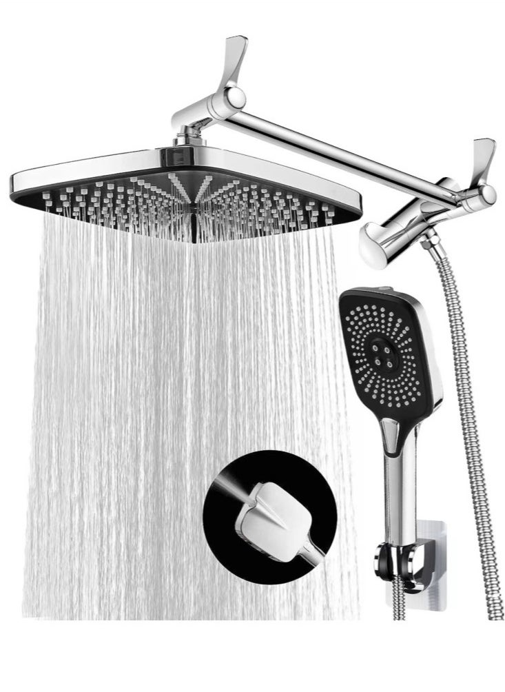 1-Set Exposed Shower System Triple Function Bathroom Shower Head 20cm Square Rainfall Shower Head with Handheld Complete Shower Set Silver