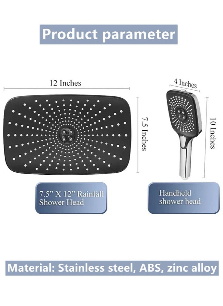 1-Set Exposed Shower System Triple Function Bathroom Shower Head 20cm Square Rainfall Shower Head with Handheld Complete Shower Set Silver