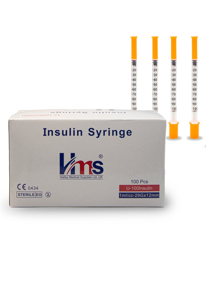 U-100 Syringes with needle - 1ml/cc 29G x 12mm Disposable Syringes, (100 Pack)