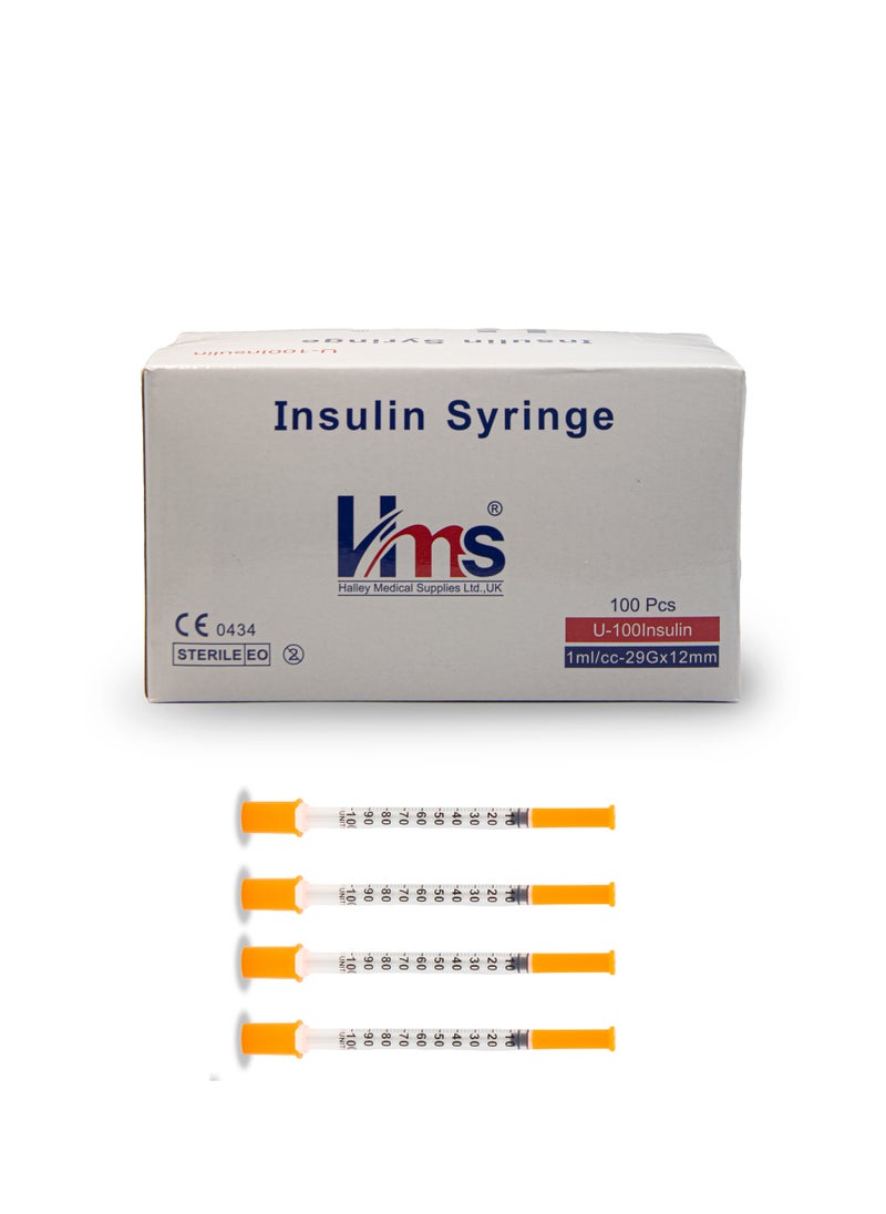 U-100 Syringes with needle - 1ml/cc 29G x 12mm Disposable Syringes, (100 Pack)