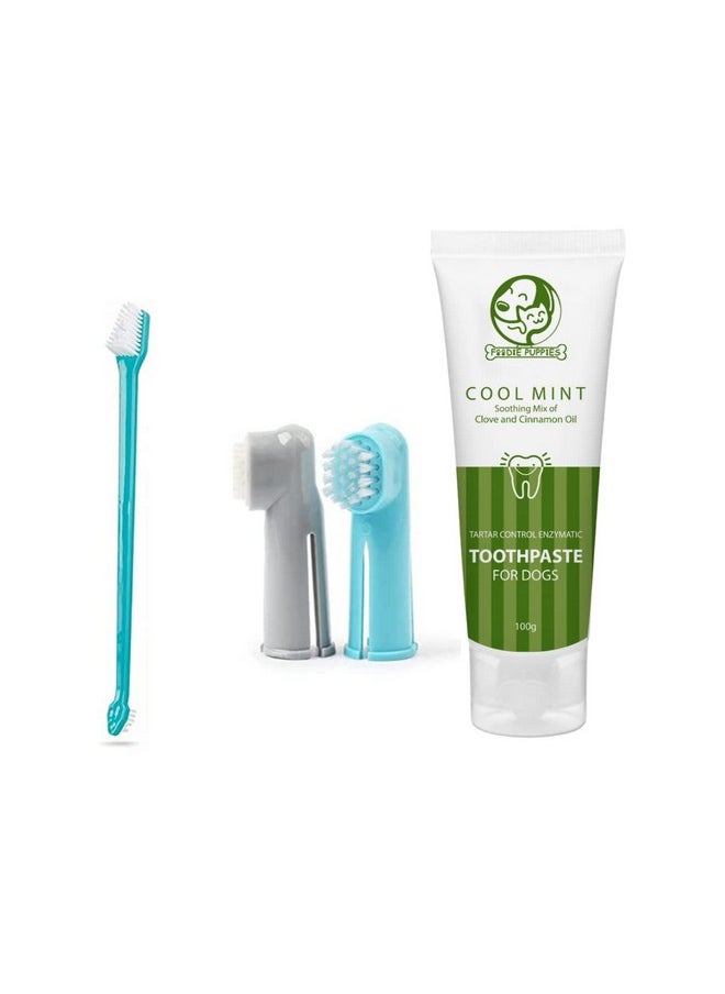 Pet Dental Oral Care Kit Combo - (Coolmint Toothpaste- 100G + 3Pcs Toothbrush) For Dogs | Soothes Inflame Gums, Remove Bad Breath, And Mix Of Clove & Cinnamon Oil For Dogs And Puppies