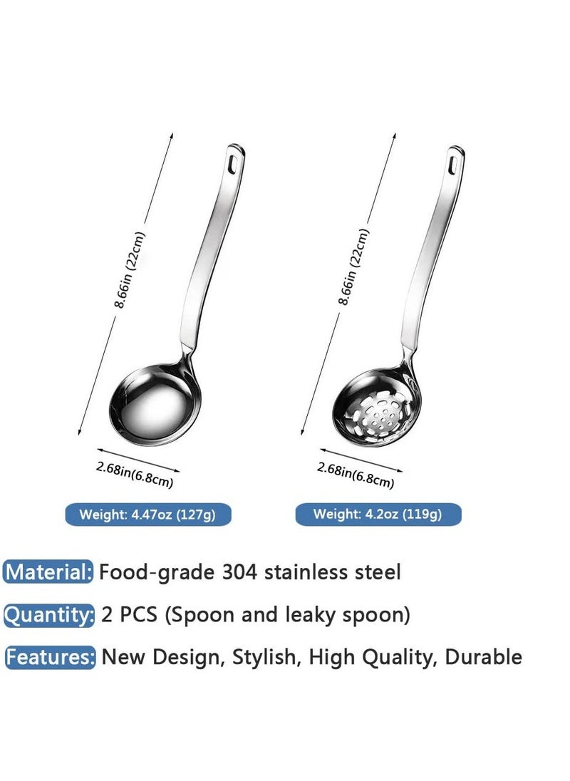Stainless Steel Spoon Colander Set, US304 Stainless Steel Ladles Spoon And Slotted Colander Spoon Set Small Soup Ladle With Holes Strainer Scoop Ladles For Serving Gravy Hot Pot, 2Pack