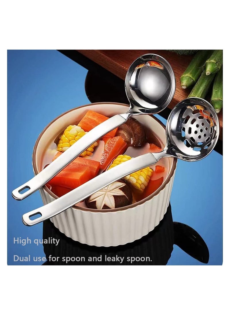 Stainless Steel Spoon Colander Set, US304 Stainless Steel Ladles Spoon And Slotted Colander Spoon Set Small Soup Ladle With Holes Strainer Scoop Ladles For Serving Gravy Hot Pot, 2Pack