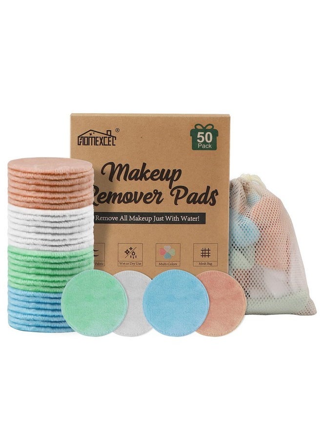 Reusable Makeup Remover Pads 50 Pack, Makeup Remover Cloth Face Pads For Facial Cleansing-Soft Cotton Rounds For All Skin Types With Laundry Bag (Pink-Blue-Green-White)