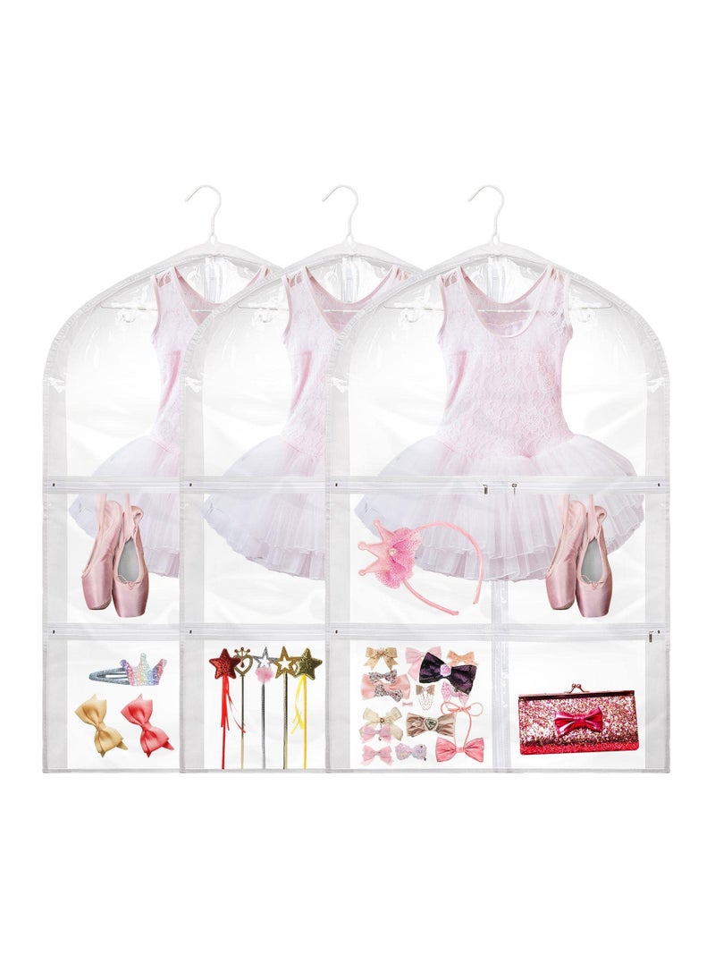 Dance Costume Garment Bag, PVC Plastic Bag Holder Clear with Garment Rack Hanging Pack to Dance Bag Children Clothes Storage Costume Bags Organizer Zipper Pockets for Kid Girls, 23.6 x 35.4 In(3 Pcs)