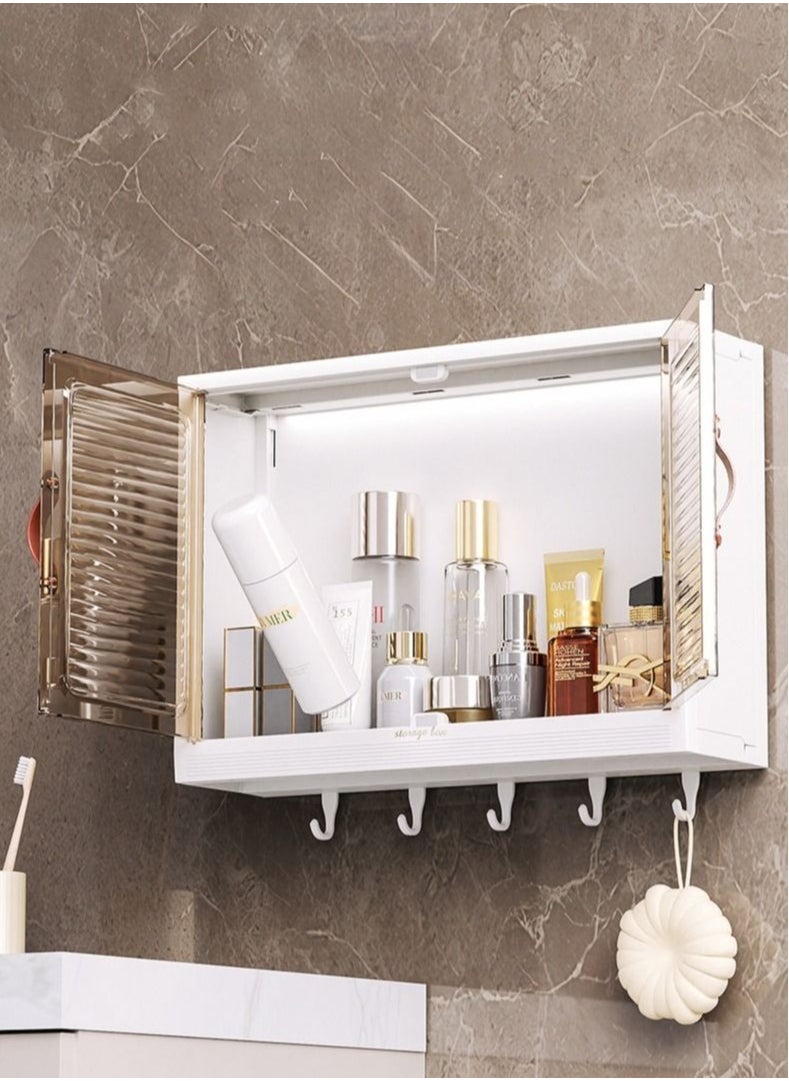 Wall Mounted Bathroom Rack with Hooks and Cabinet Door - Bath Organizer