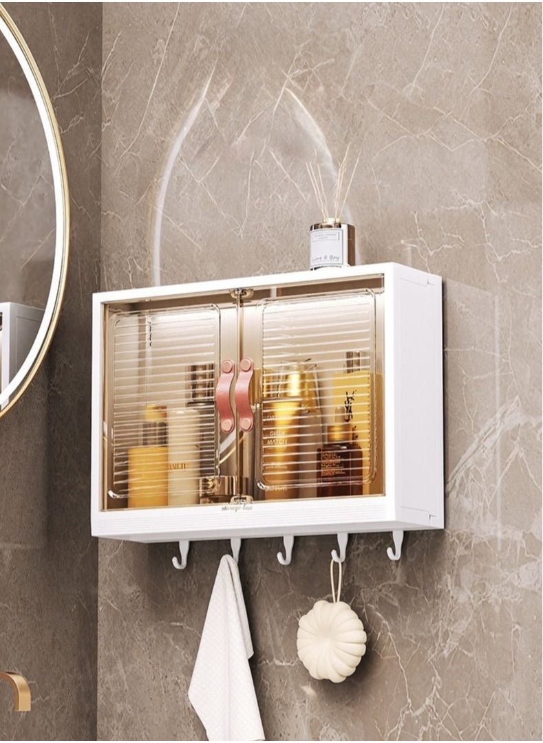 Wall Mounted Bathroom Rack with Hooks and Cabinet Door - Bath Organizer