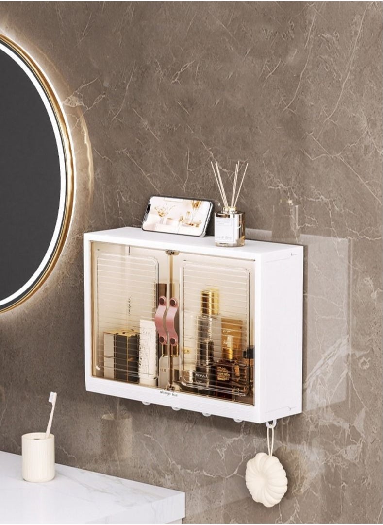 Wall Mounted Bathroom Rack with Hooks and Cabinet Door - Bath Organizer