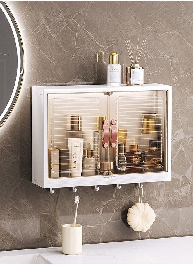 Wall Mounted Bathroom Rack with Hooks and Cabinet Door - Bath Organizer