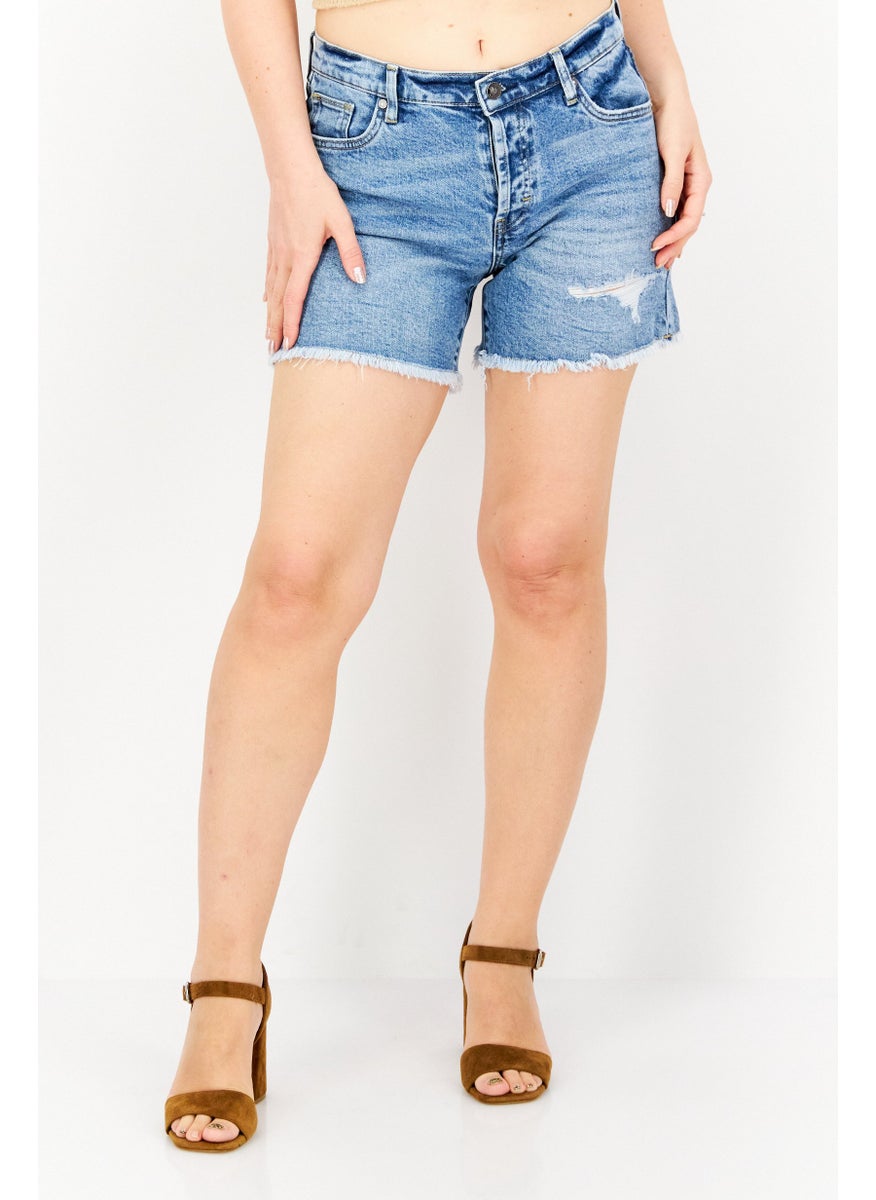 Women Washed Denim Shorts, Blue