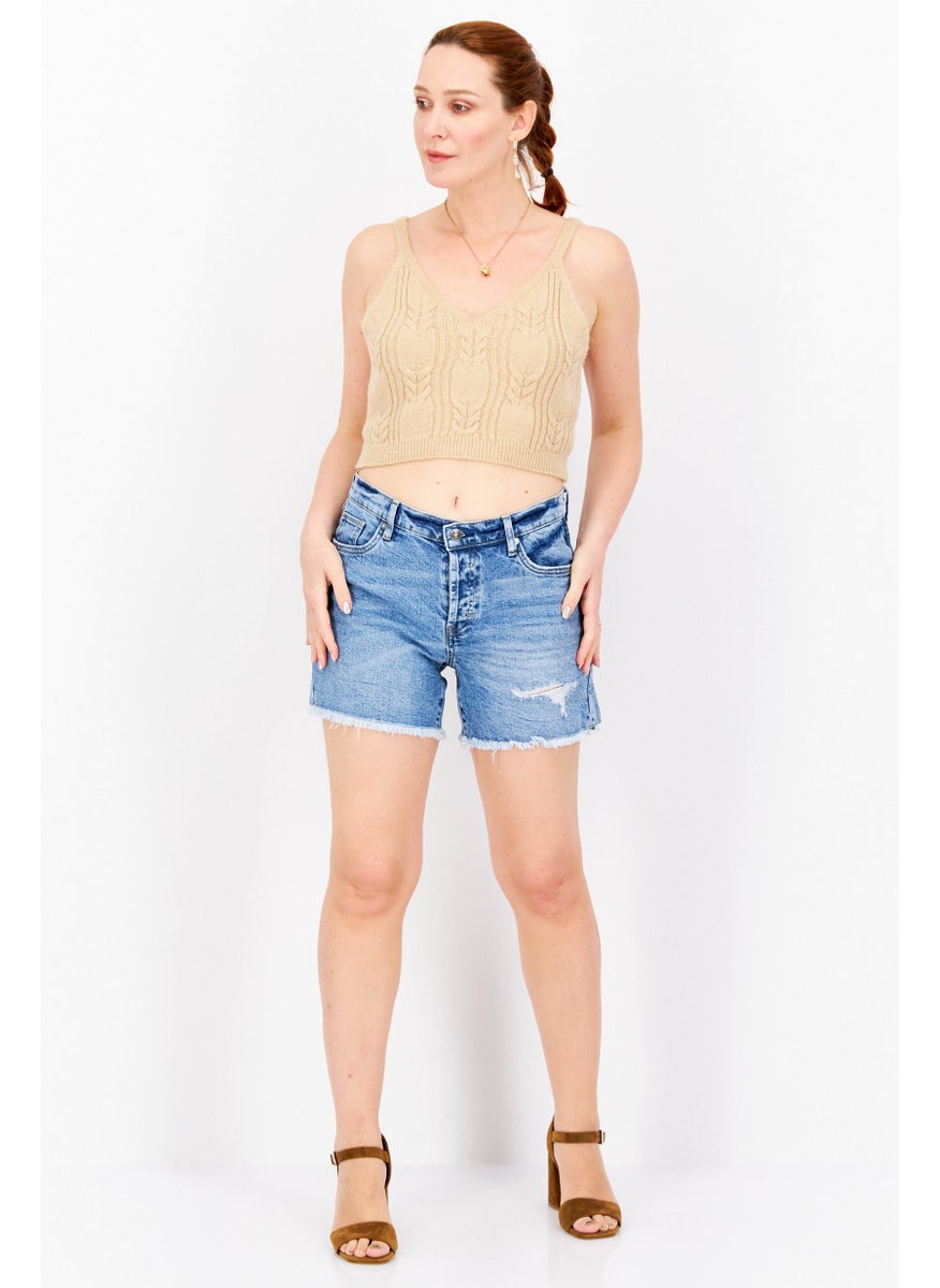 Women Washed Denim Shorts, Blue