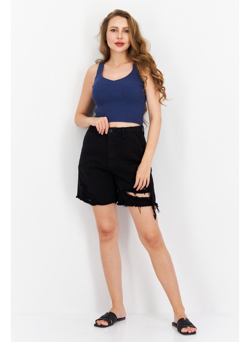 Women Washed Denim Short, Black