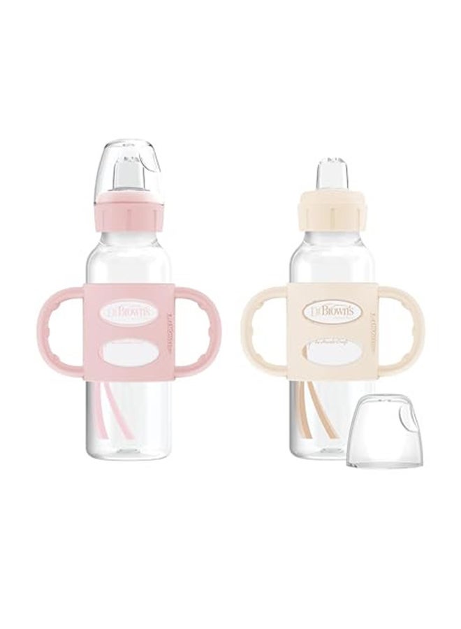 Pack Of 2 Milestones Narrow Sippy Bottle With 100% Silicone Handles, Easy-Grip Bottle With Soft Sippy Spout, 8Oz, Bpa Free, Light-Pink And Ecru, 6 Monthes +