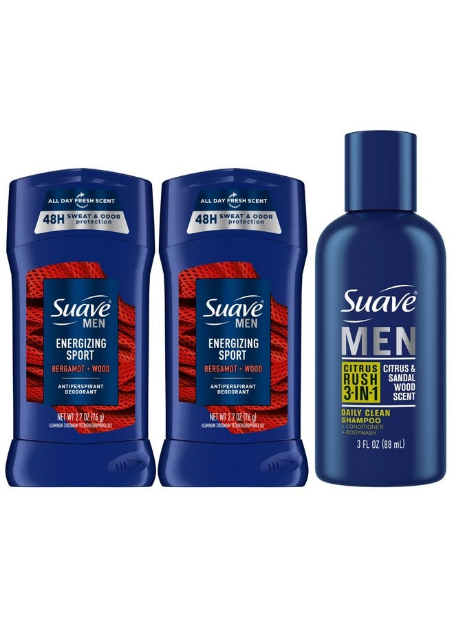 Body Wash, Shampoo & Conditioner 3-In-1, Citrus Rush For Men, Travel Size+ Antiperspirant Stick, Active Sport, Full Size, 2-Pack (3 Piece Set)