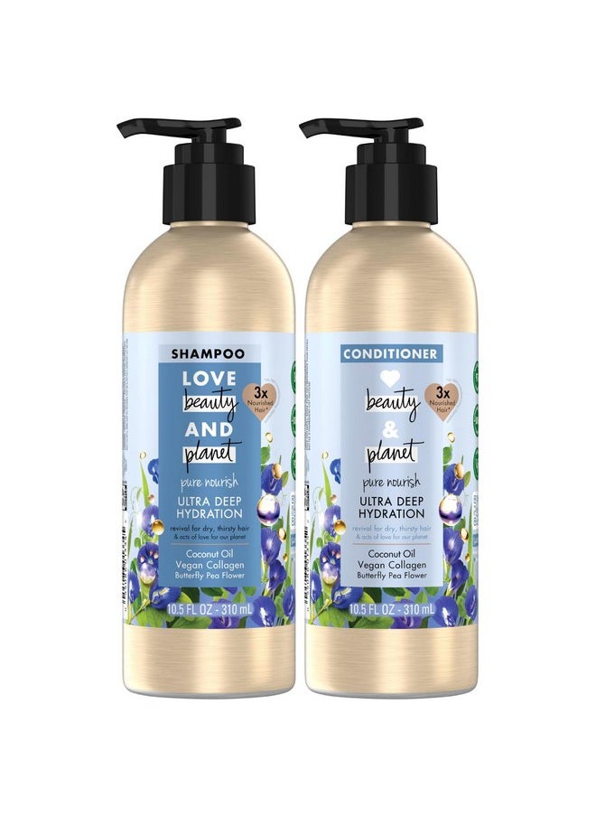 Love Beauty Planet Shampoo And Conditioner, Coconut Oil & Vegan Collagen, Ultra Deep Hydration - Sulfate-Free Shampoo And Conditioner For Damaged, Dry Hair, Scented, 10.5 Oz (2 Piece Set)