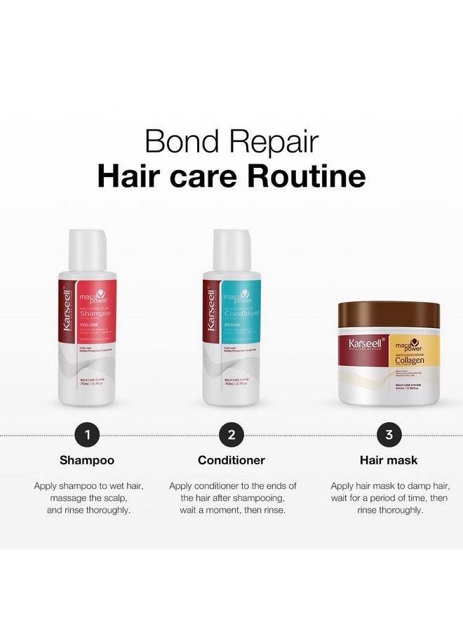 Collagen Hair Treatment Deep Repair Conditioning, Hair Mask Shampoo And Conditioner Travel Set For Dry Damaged Hair All Hair Types 3.38Floz +2.4Floz+2.4Floz