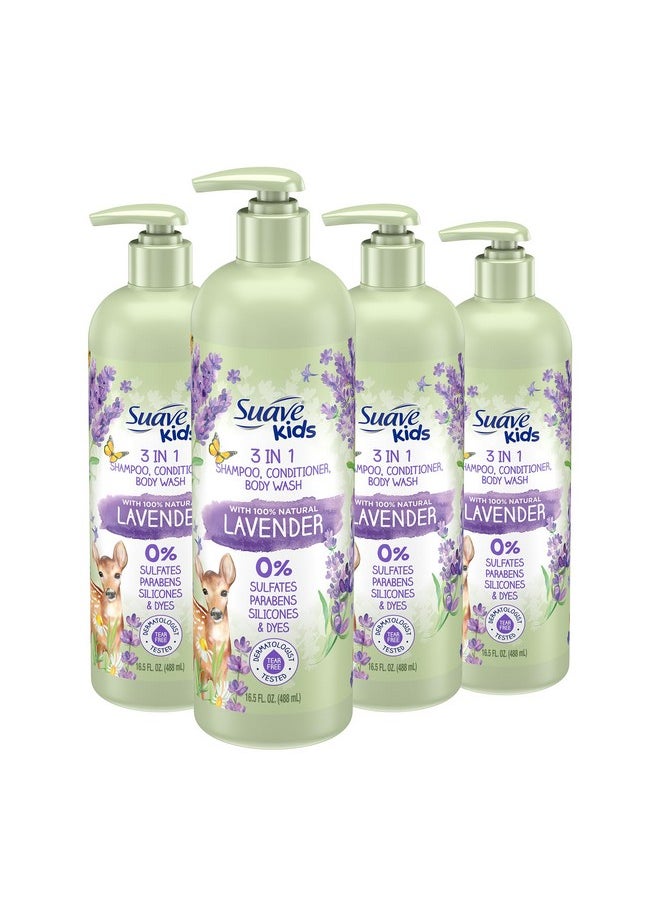 Kids Natural Lavender Oil 3-In-1 Tear Free, Body Wash, Shampoo And Conditioners, No Sulfates, No Parabens, No Silicones, No Dyes, 16.5 Oz Pack Of 4