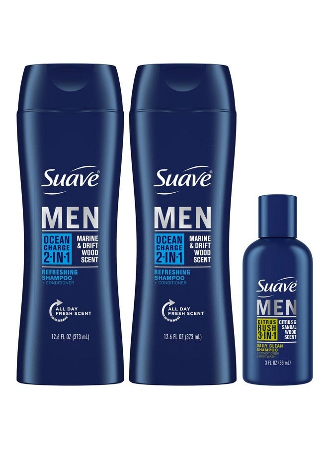 Body Wash, Shampoo & Conditioner 3-In-1, Citrus Rush For Men, Travel Size + Shampoo And Conditioner 2-In-1, Ocean Charge For Men, Full Size, Twin Pack (3 Piece Set)